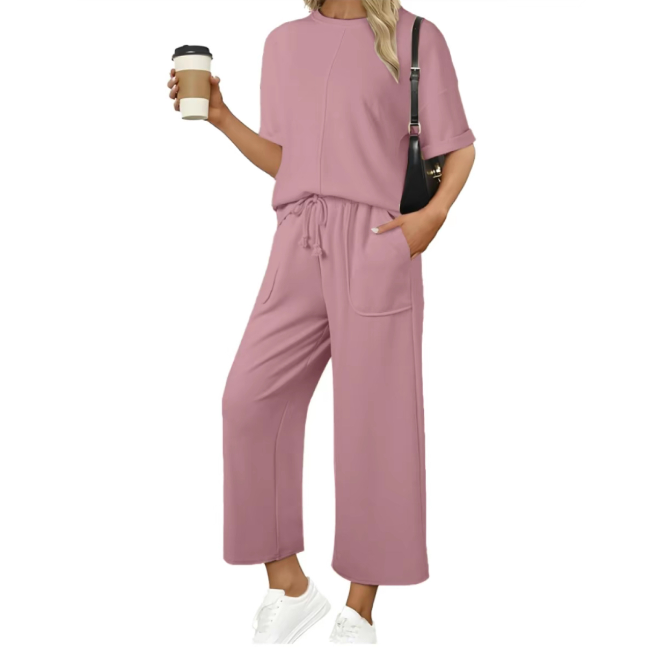 Women's 2-Piece Lounge Set – Oversized Tee & Wide-Leg Pants