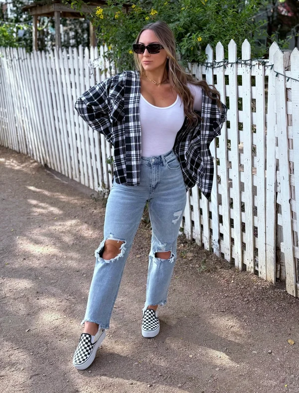 Oversized Plaid Flannel Shacket, Casual Button‑Front Layering Outerwear