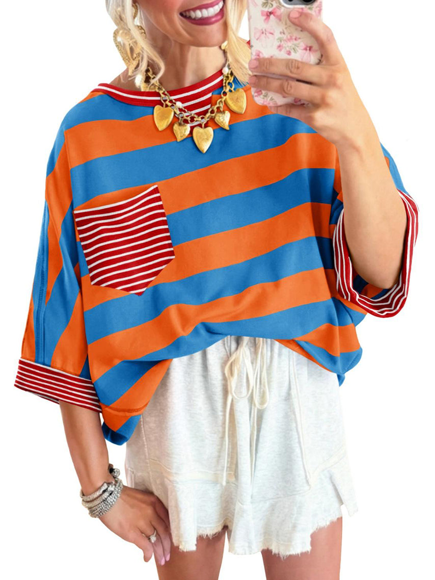 ⏰Hot Sale-Women's T-shirts Striped Drop Shoulder Pocket T-shirt