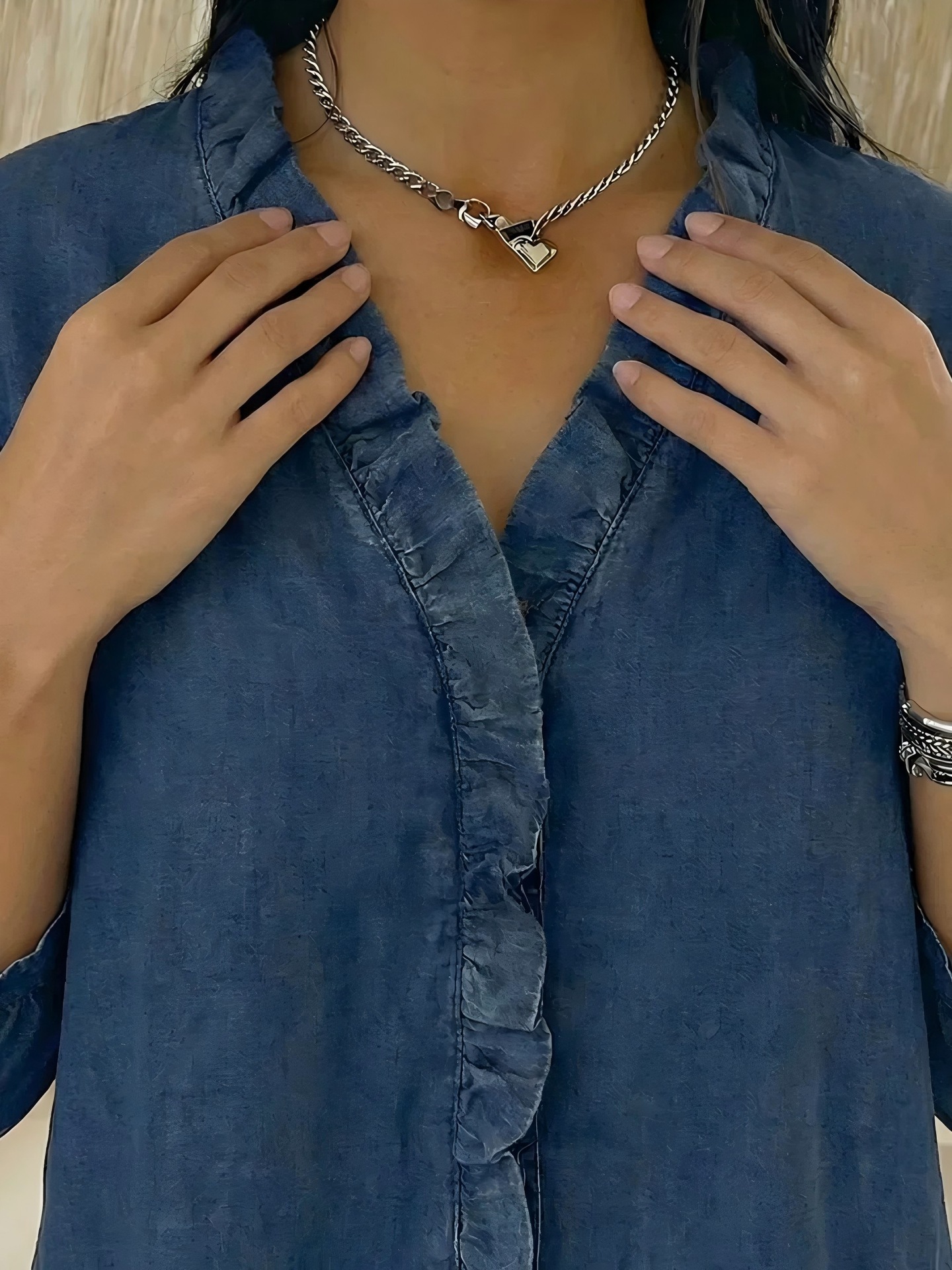 Women's Casual Denim V-Neck Ruffled Shirt(BUY 2 FREE SHIPPING)