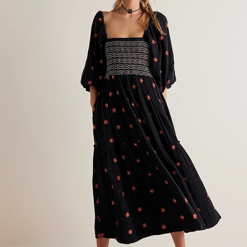 🔥HOT SALE🔥Beach Style Ruffle Swing A-Line Maxi Bohemian Floral Dress