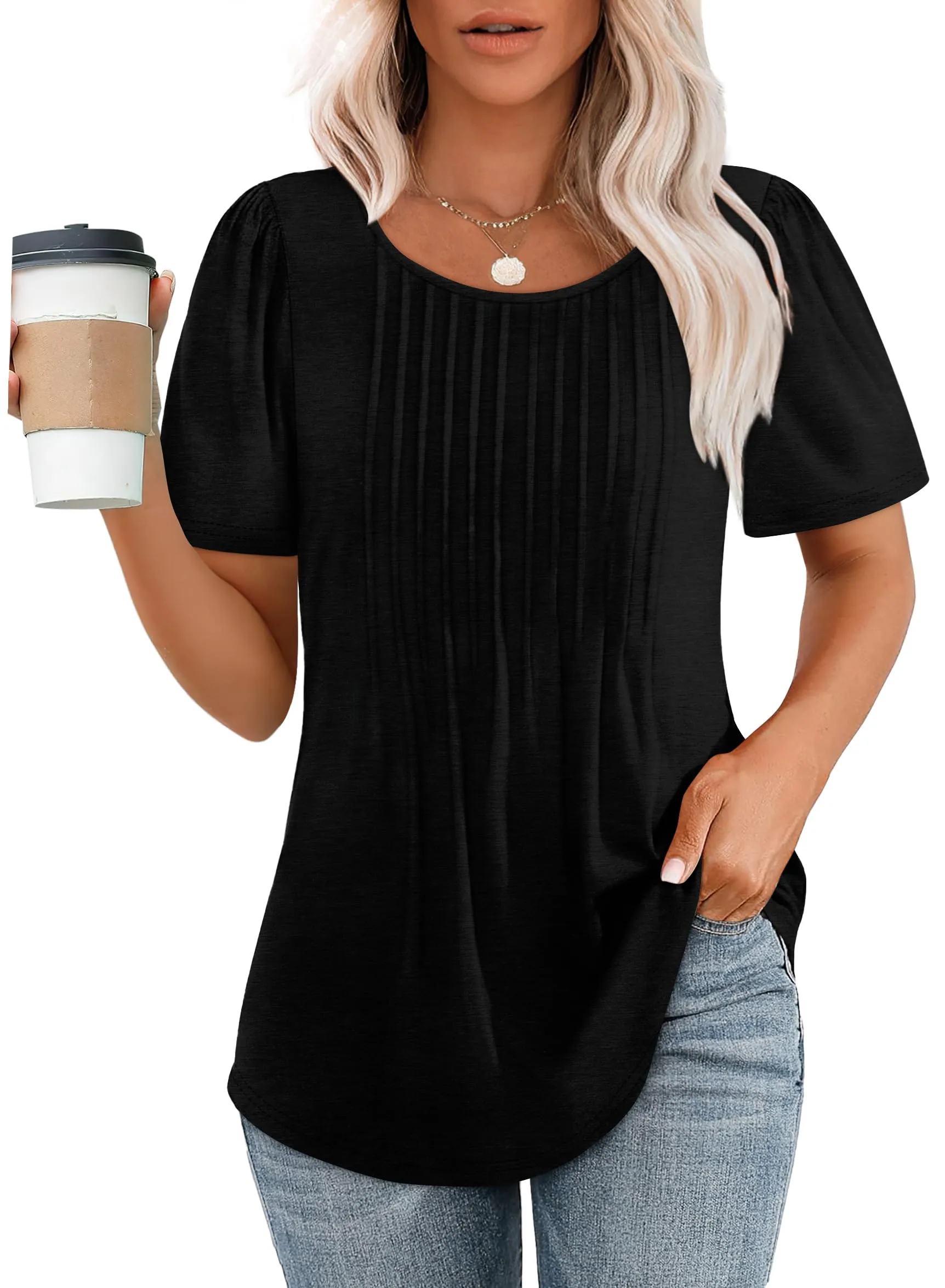 🔥🔥🔥🔥Women's Short Sleeve Pleated Dressy Casual Scooped Neck Tops
