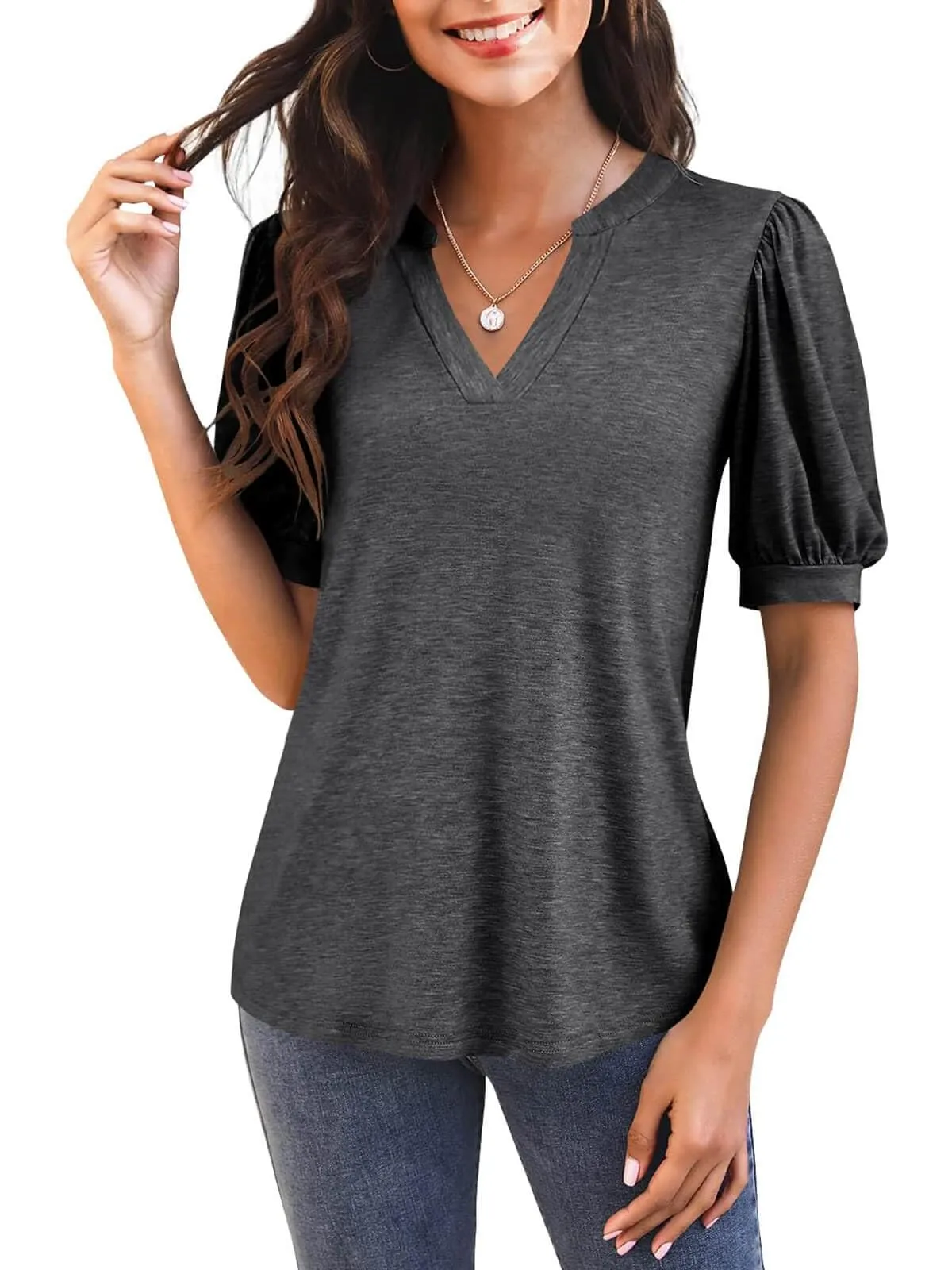 🔥🔥🔥🔥Women's Casual V-neck Solid Color Puff Sleeve Loose T-Shirt