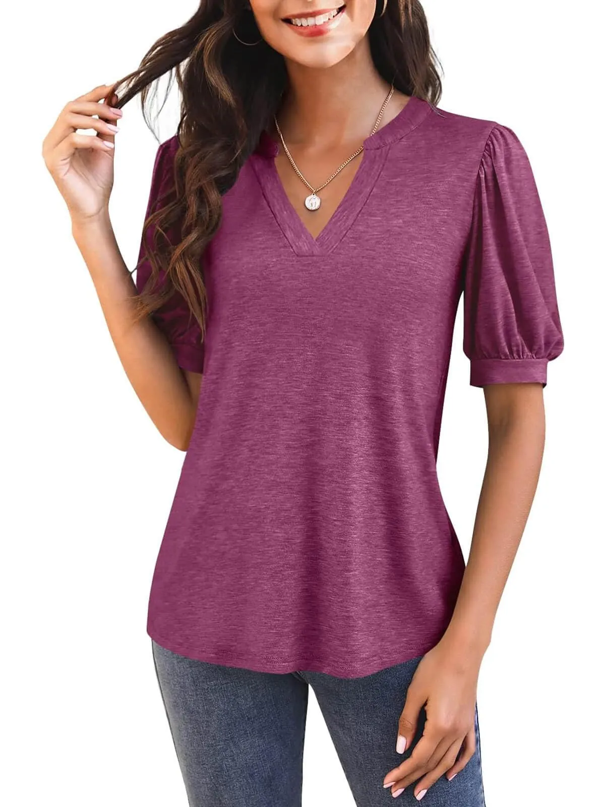 🔥🔥🔥🔥Women's Casual V-neck Solid Color Puff Sleeve Loose T-Shirt