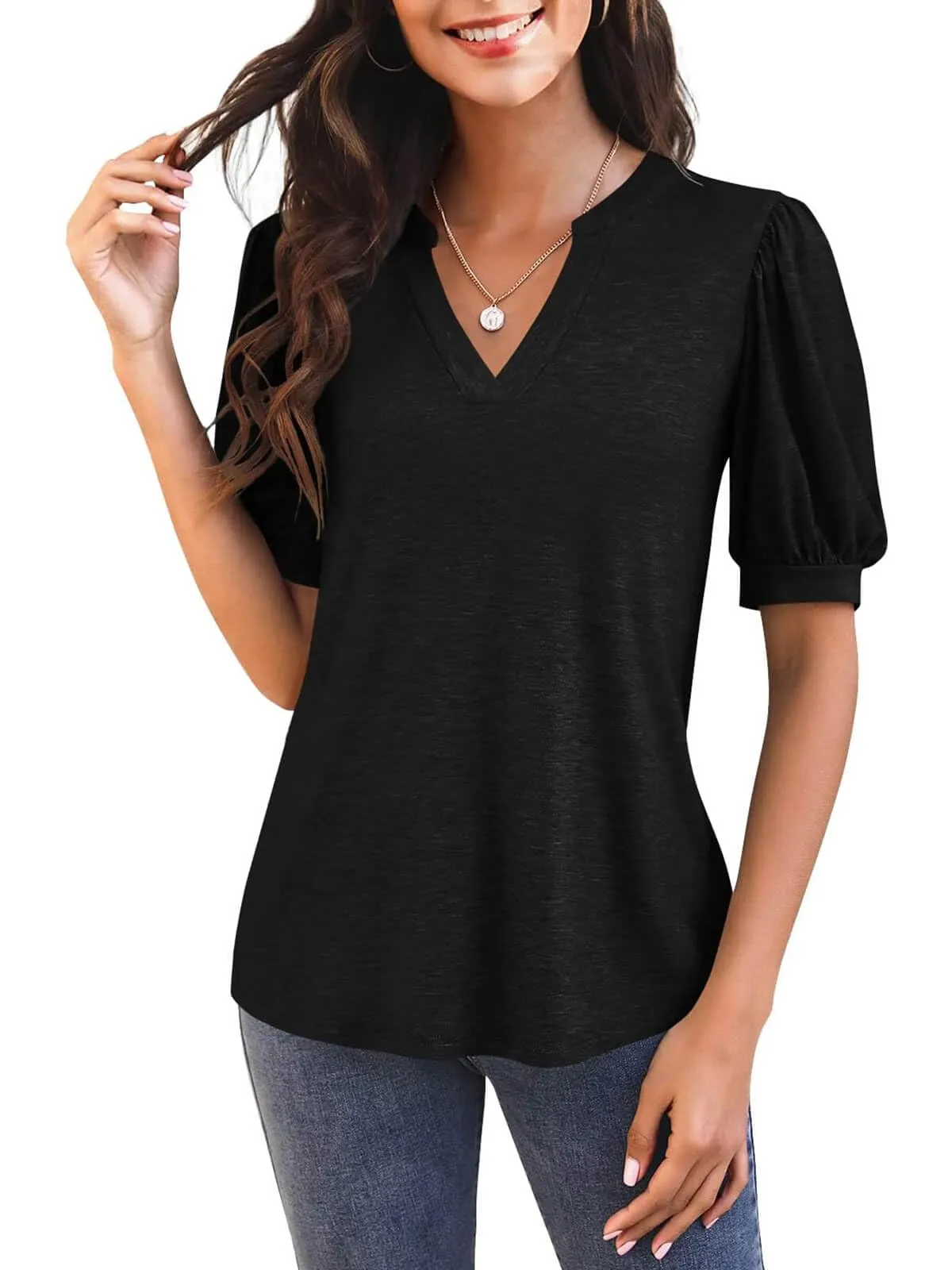🔥🔥🔥🔥Women's Casual V-neck Solid Color Puff Sleeve Loose T-Shirt