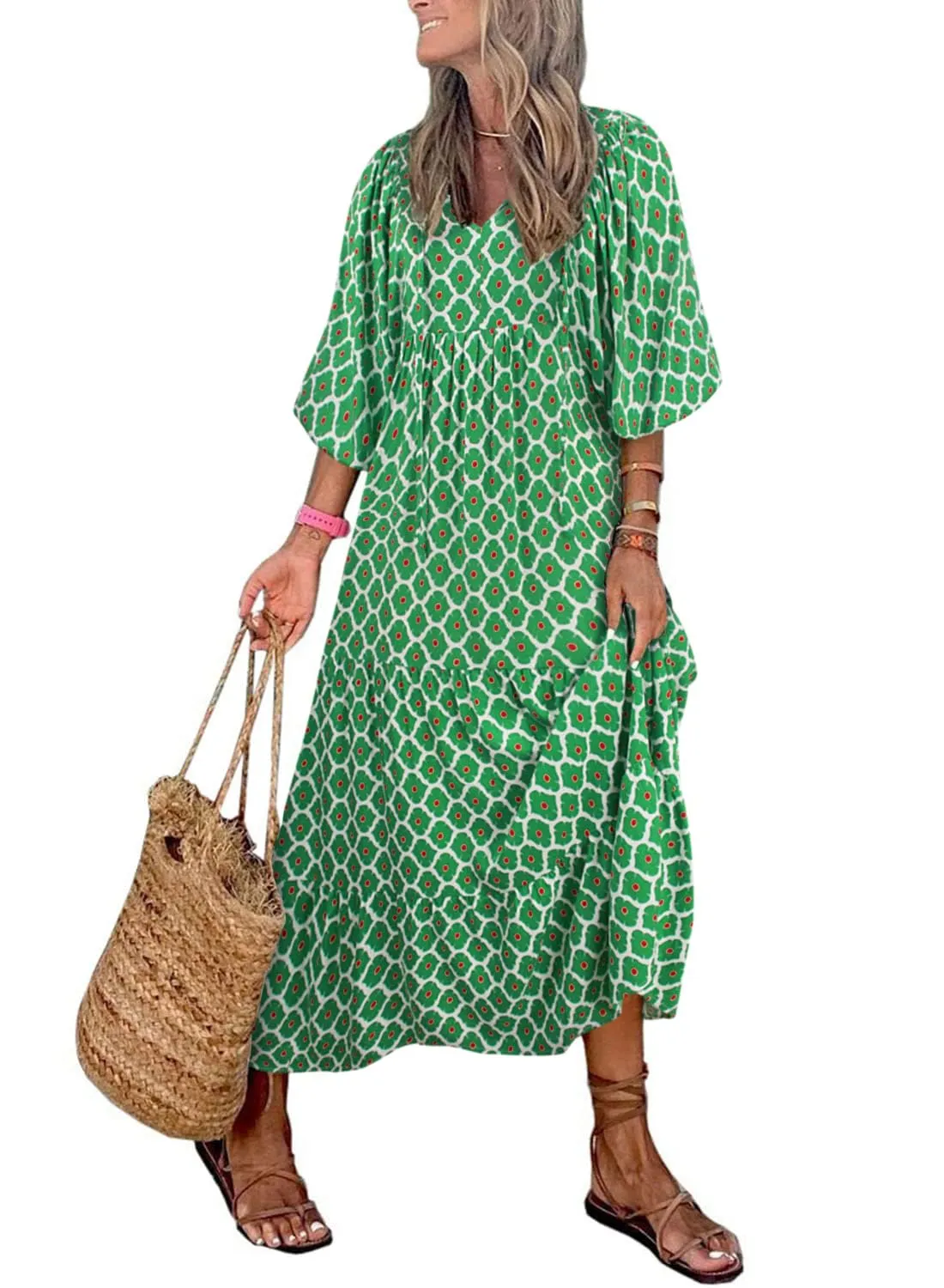 🔥🔥🔥🔥Women's Puff Sleeve Floral Boho Maxi Dress (Buy 2 Free Shipping)