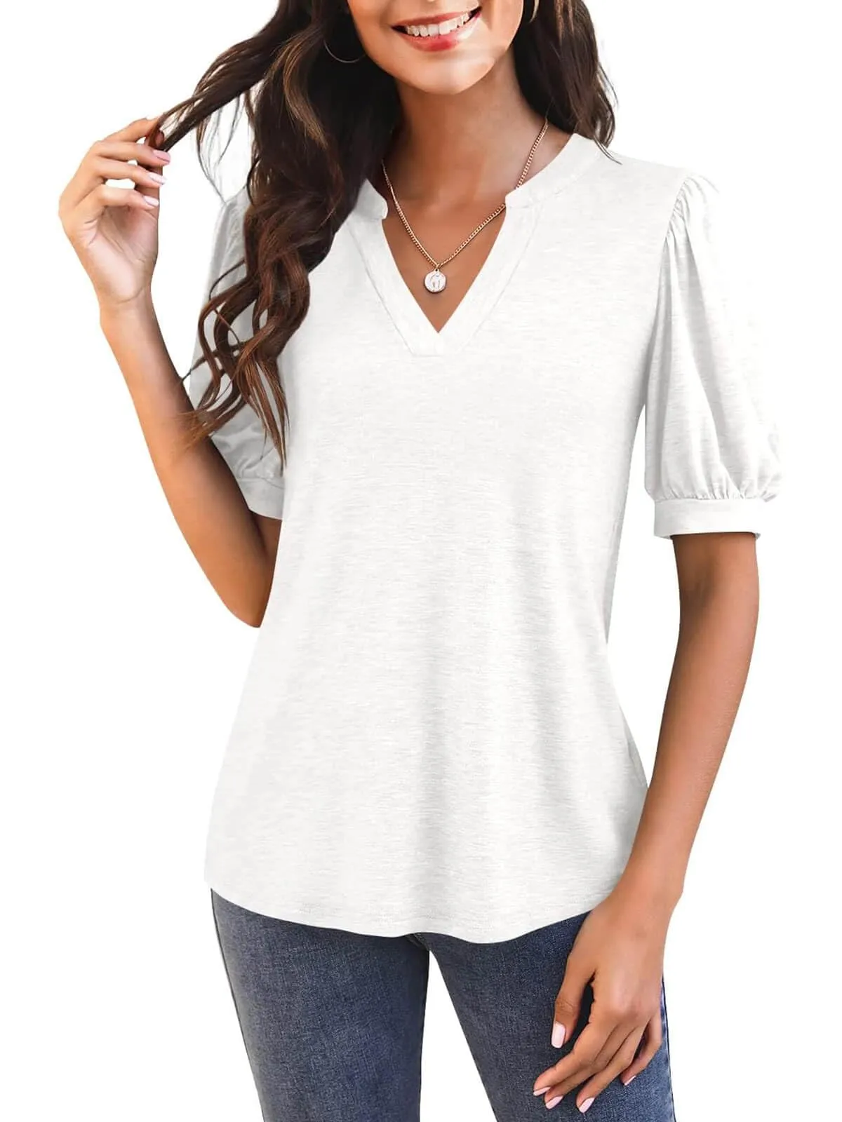 🔥🔥🔥🔥Women's Casual V-neck Solid Color Puff Sleeve Loose T-Shirt