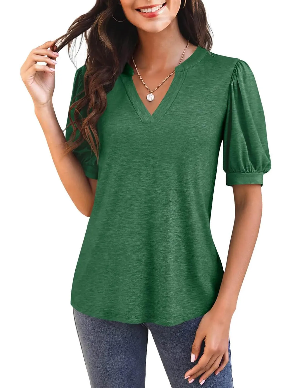 🔥🔥🔥🔥Women's Casual V-neck Solid Color Puff Sleeve Loose T-Shirt
