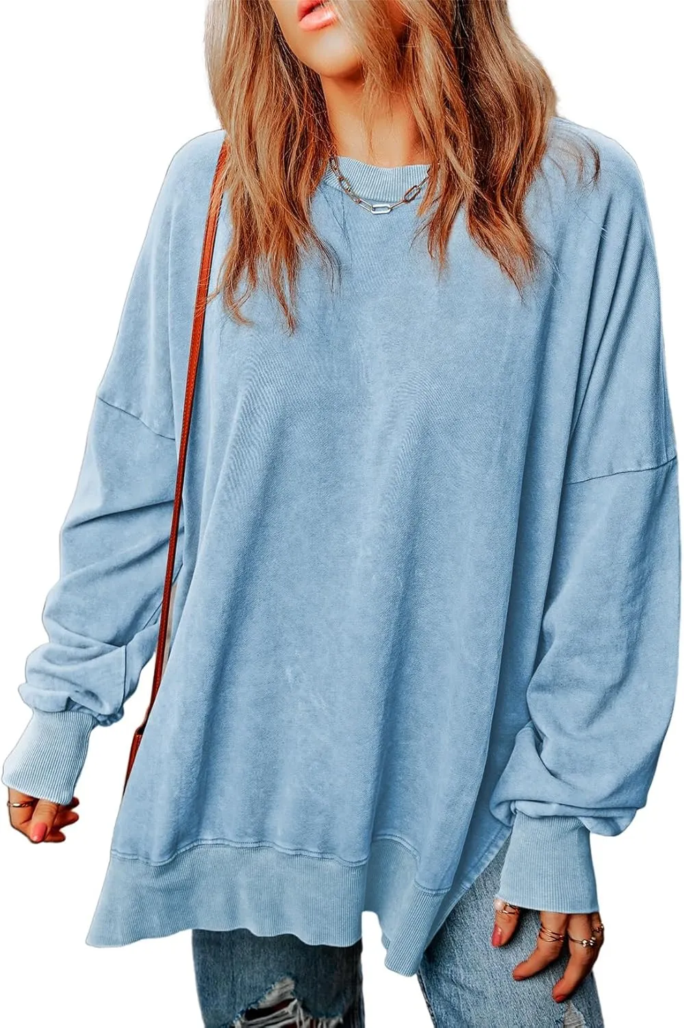 WOMENS CASUAL LONG SLEEVE CREWNECK LIGHTWEIGHT PULLOVER TOPS(BUY 2 FREE SHIPPING)