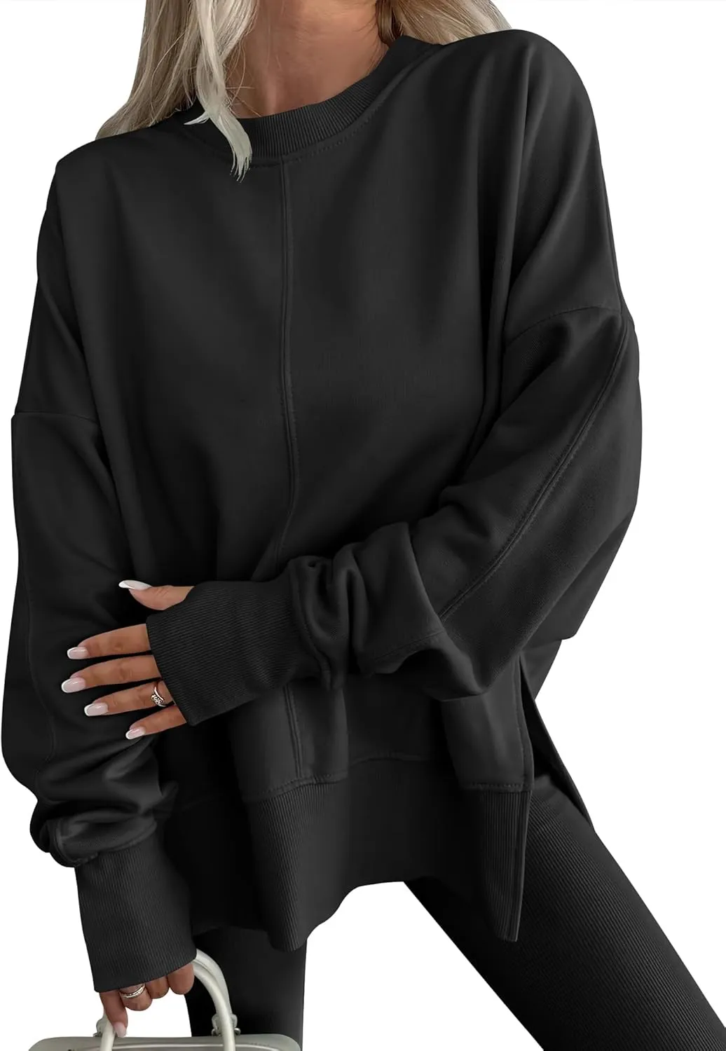 WOMENS OVERSIZED THUMBHOLE LONG SLEEVE SIDE SLIT PULLOVER TOP(BUY 2 FREE SHIPPING)