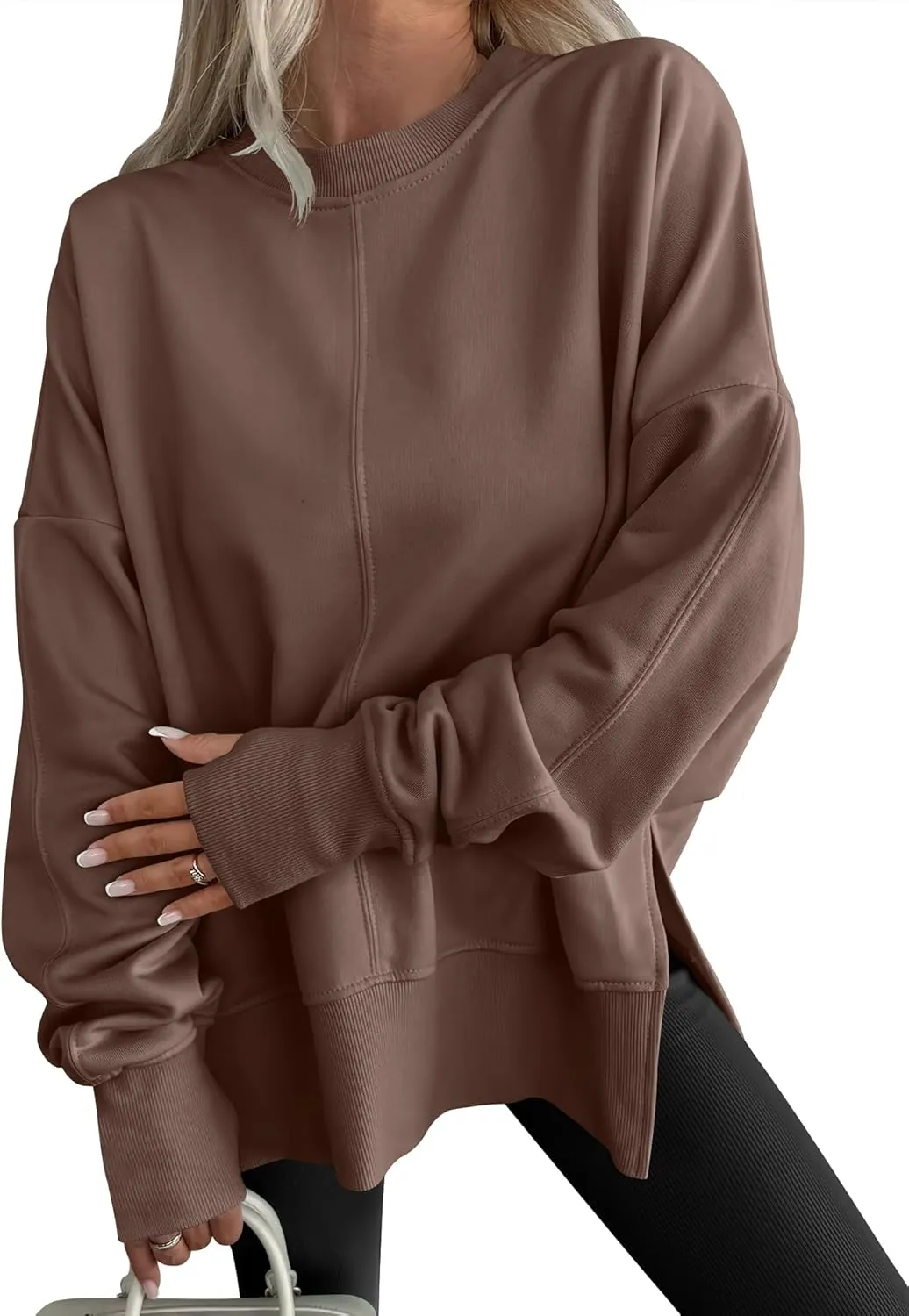 WOMENS OVERSIZED THUMBHOLE LONG SLEEVE SIDE SLIT PULLOVER TOP(BUY 2 FREE SHIPPING)