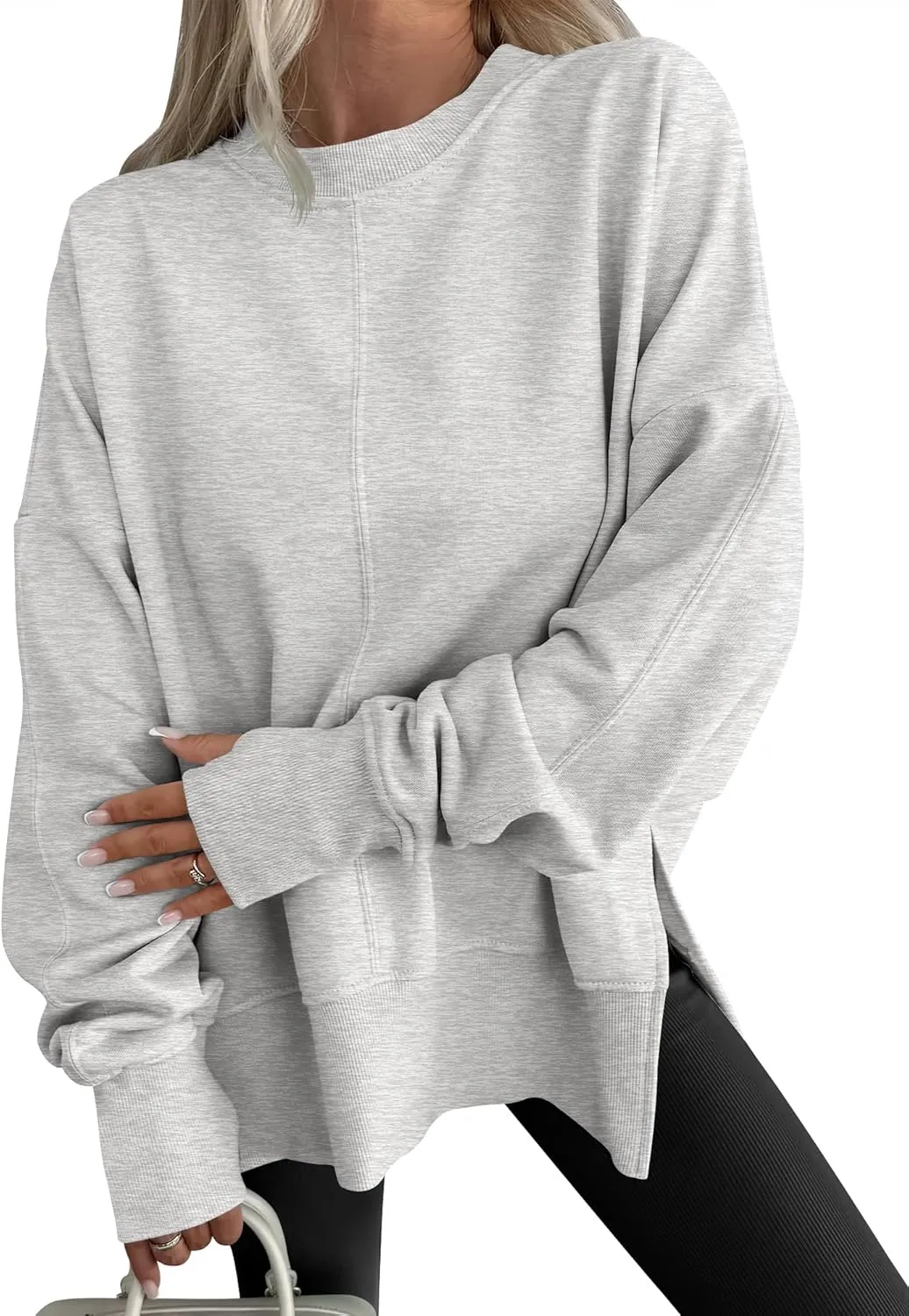 WOMENS OVERSIZED THUMBHOLE LONG SLEEVE SIDE SLIT PULLOVER TOP(BUY 2 FREE SHIPPING)