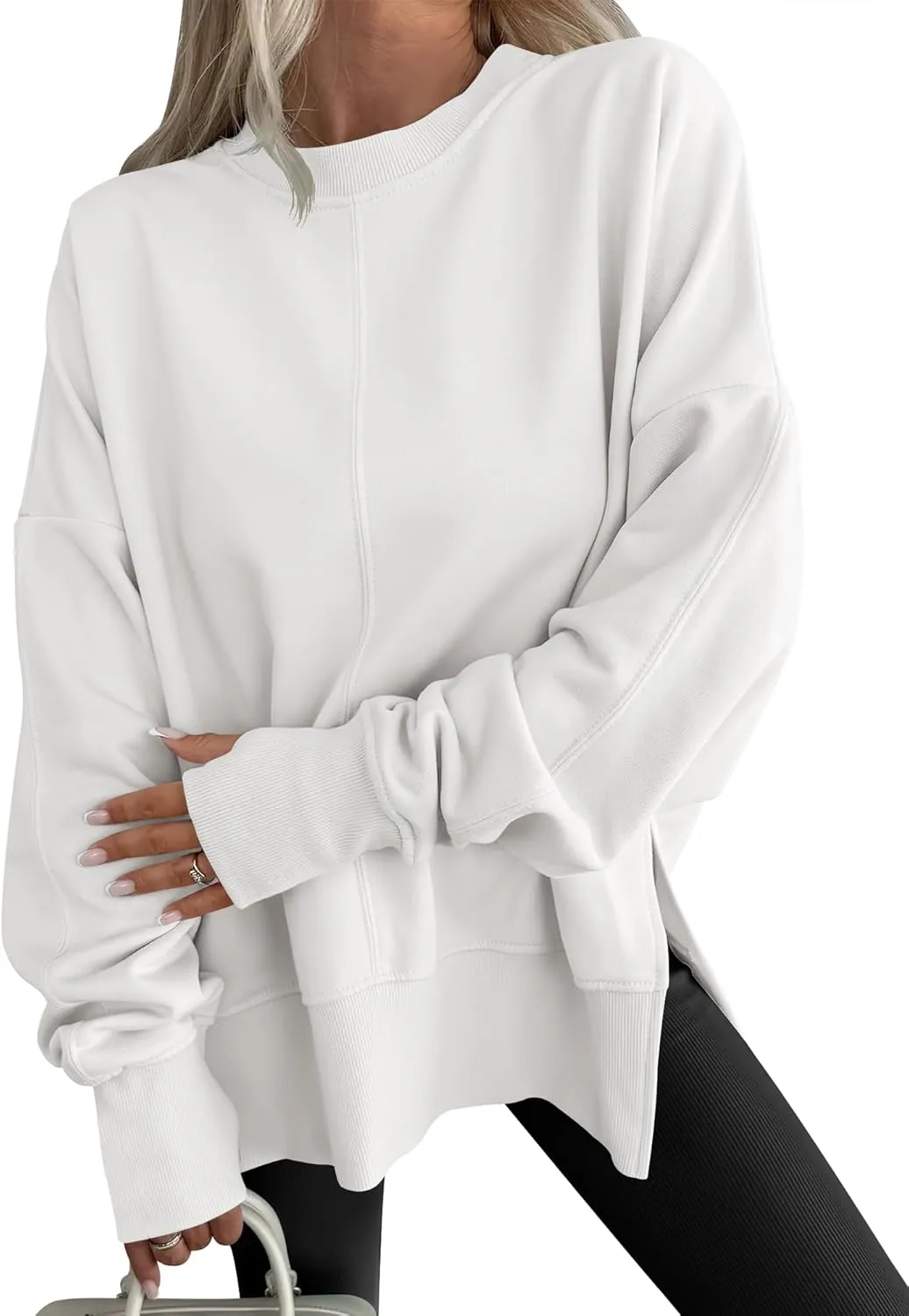 WOMENS OVERSIZED THUMBHOLE LONG SLEEVE SIDE SLIT PULLOVER TOP(BUY 2 FREE SHIPPING)