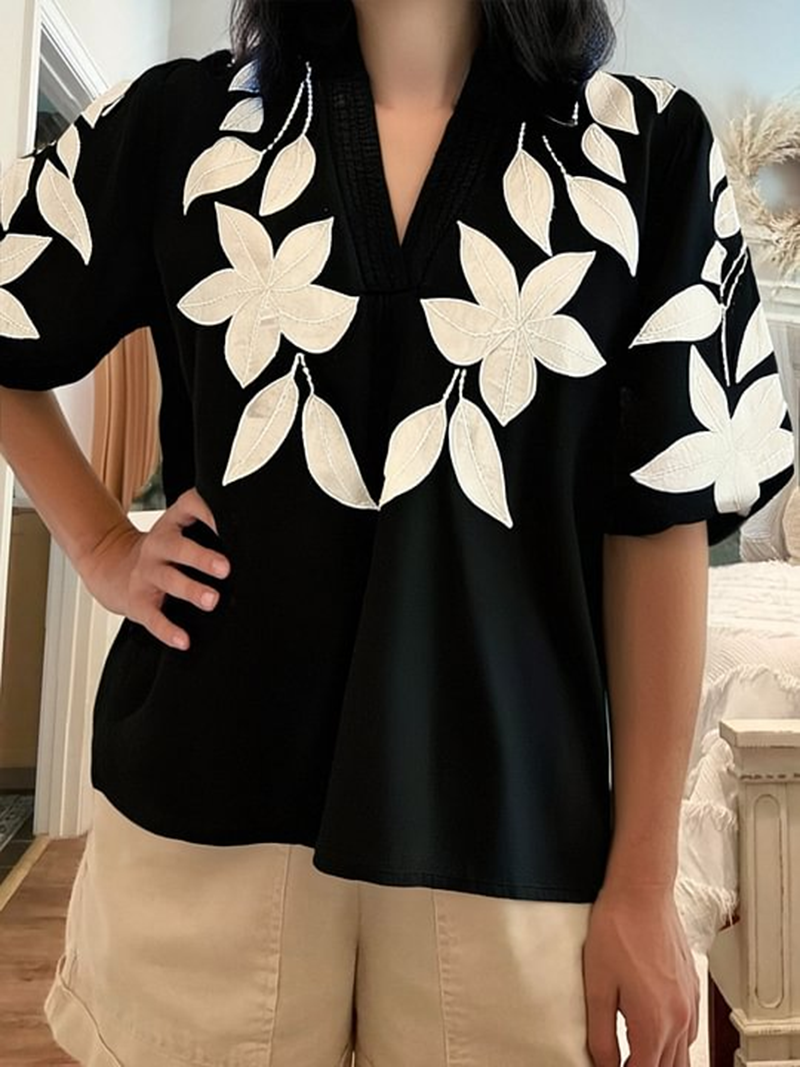 Women's V Neck Puff Sleeve Floral Embroidery  T-Shirt (Buy 2 Free Shipping)