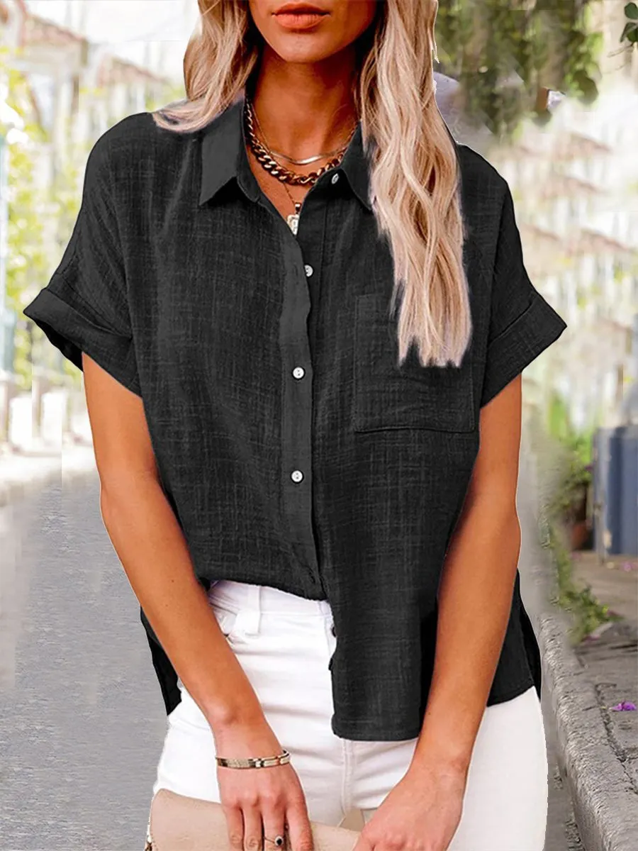 🔥🔥🔥🔥Women's Solid Color Pocket Short Sleeve Cotton Linen Shirt