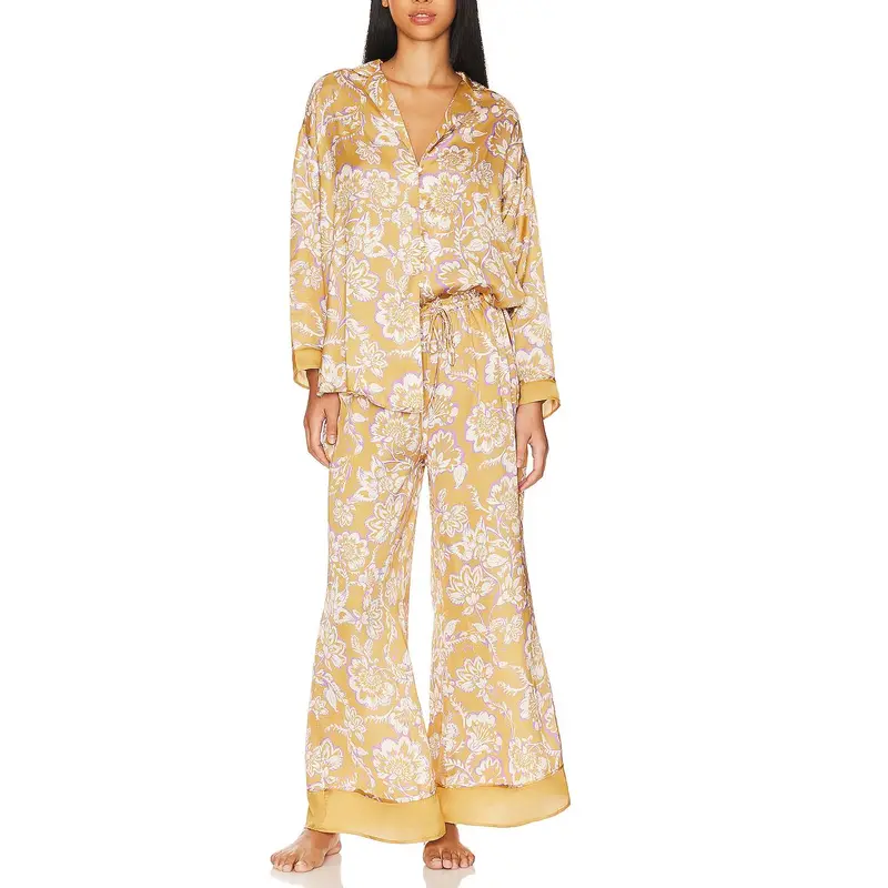 Women’s Loungewear Sleepwear Set Printed Long Sleeve Lapel Button Top & Long Pants