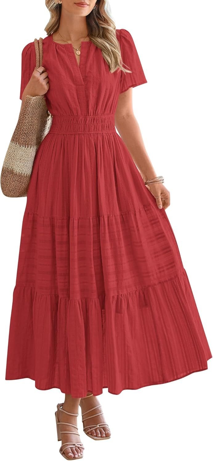 🔥HOT SALE🔥Womens Summer Lightweight Short Sleeve V Casual Midi Maxi Dresses(BUY 2 FREE SHIPPING)