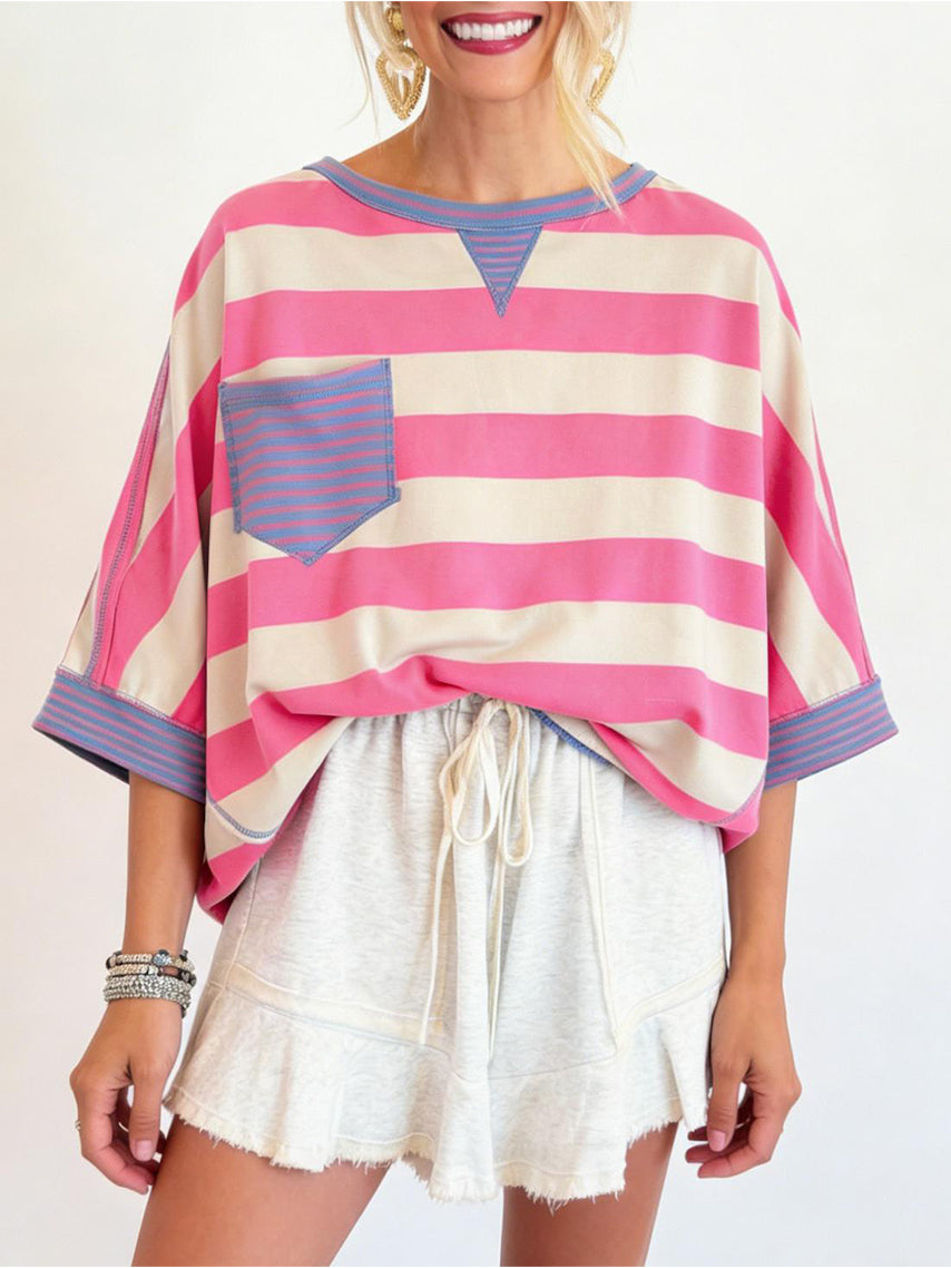 ⏰Hot Sale-Women's T-shirts Striped Drop Shoulder Pocket T-shirt