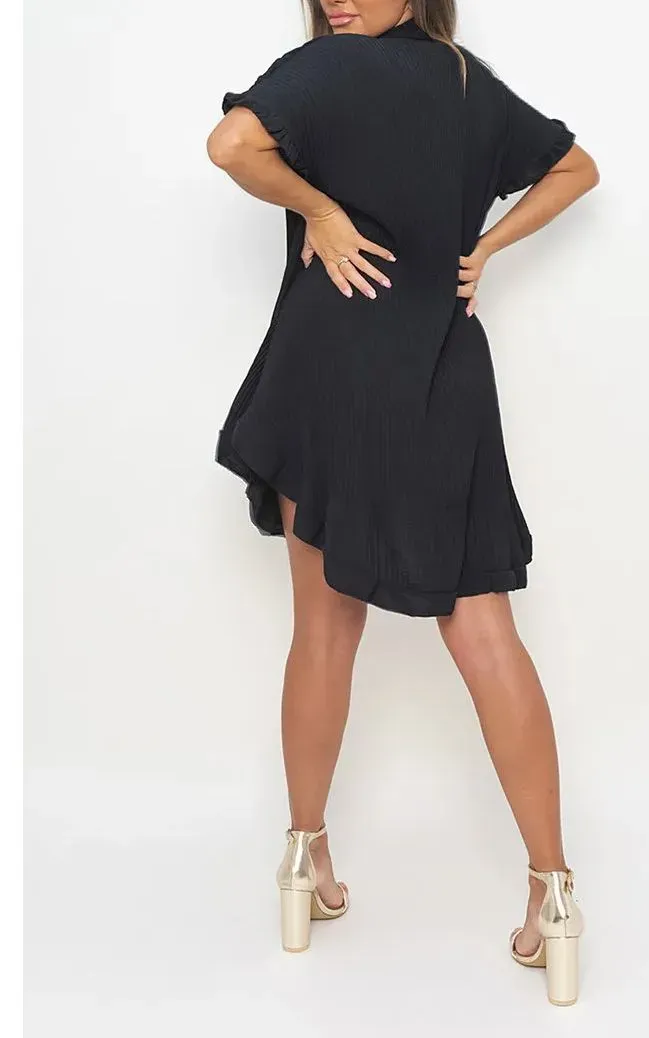 🔥🔥🔥🔥2024 STRETCH FANCY RIB BUTTON DOWN OVERSIZED RUFFLE SHORT SLEEVE MINI DRESS(BUY 2 FREE SHIPPING)