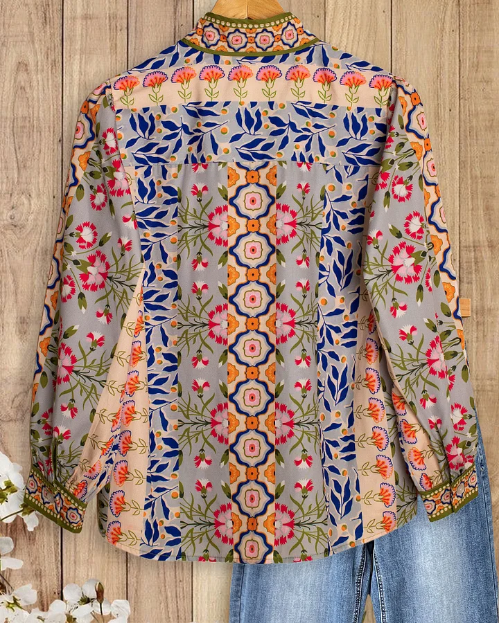 Mixed Floral Print Boho Button Up Blouse