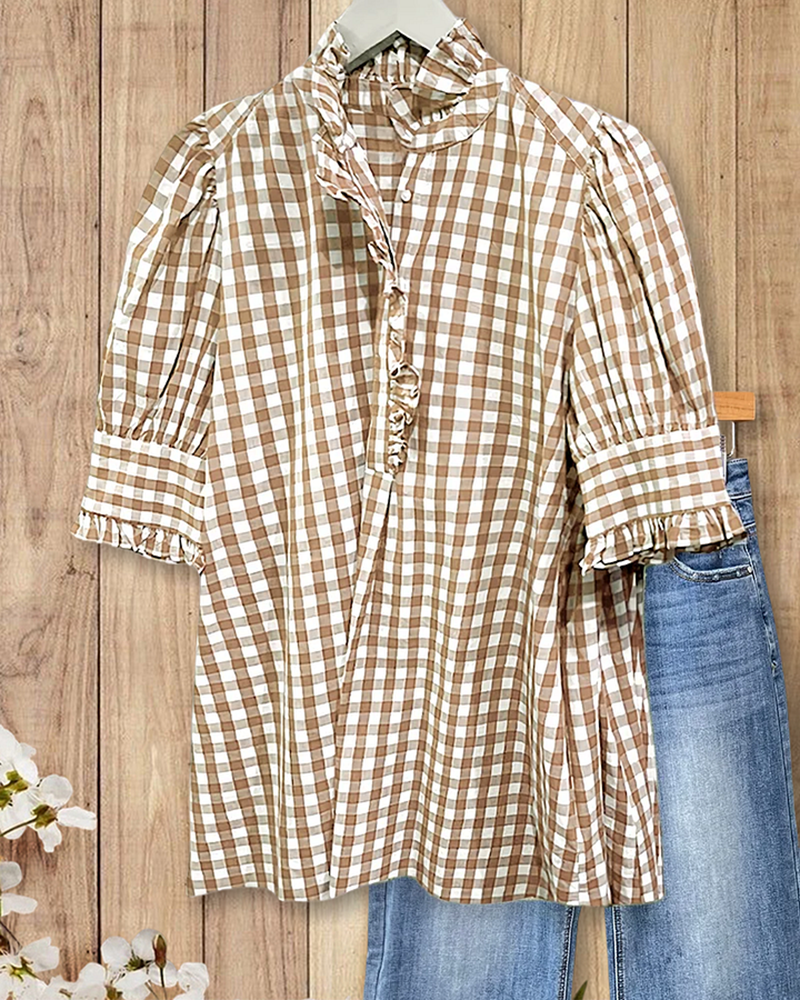 Grid Smart Ruffles Trim Puff Sleeve Blouse(BUY 2 FREE SHIPPING)