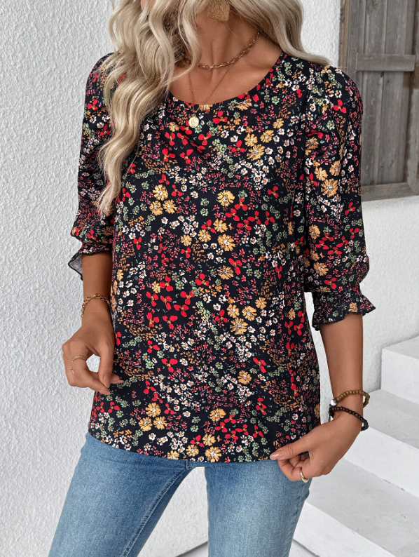 Women's Floral 3/4 Sleeve Round Neck Casual Blouse