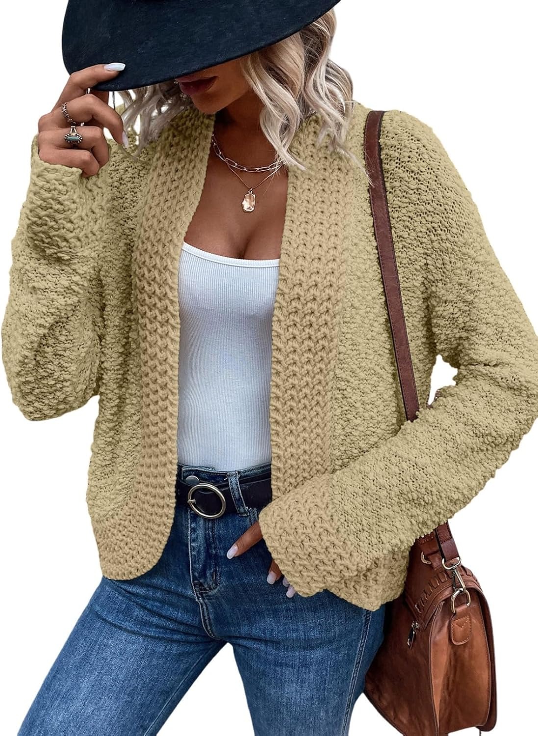 Women's 2025 Fashion Casual Open Front Long Sleeve Chunky Knit Cardigans Sweaters