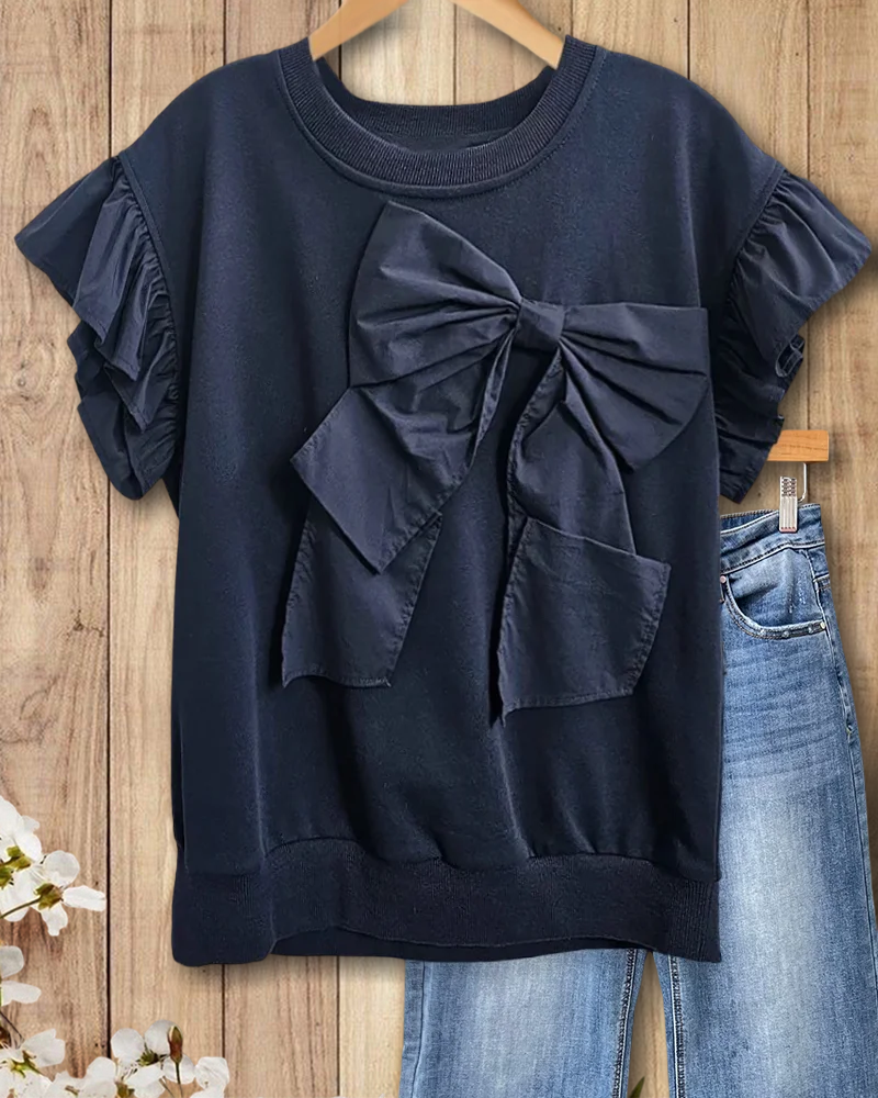 Solid Color Bow Decor Playful Ruffle Sleeve T-Shirt(BUY 2 FREE SHIPPING)