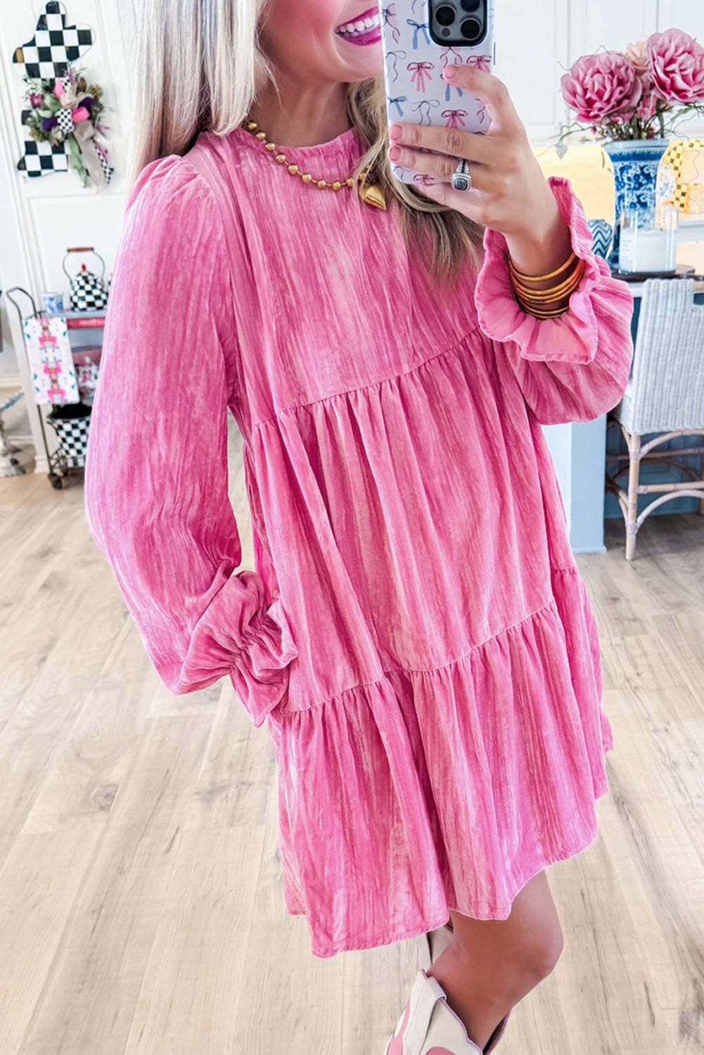 Women's Velvet Dress Gorgeous Pink Luxury Dress with Pockets
