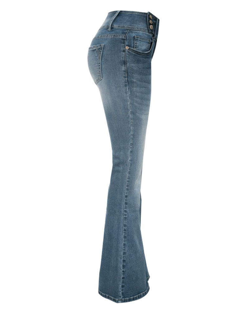 Vintage Button Side Design Mid Waist Flare Jeans