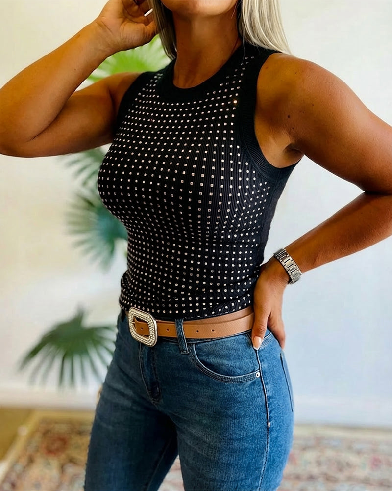 Rhinestone Decor O-neck Sleeveless Tee Slim Fit Ribbed Tank Top（BUY 2 FREE SHIPPING)
