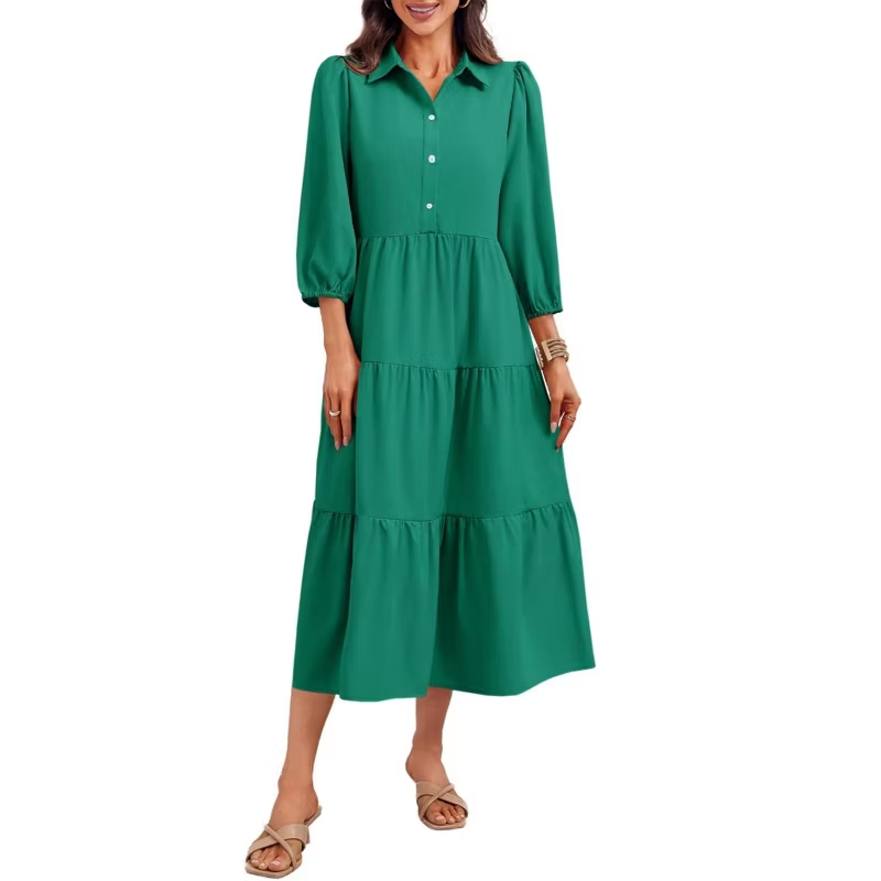 Women's Casual Flowy Collared 3/4 Sleeve Tiered Midi Shirt Dress