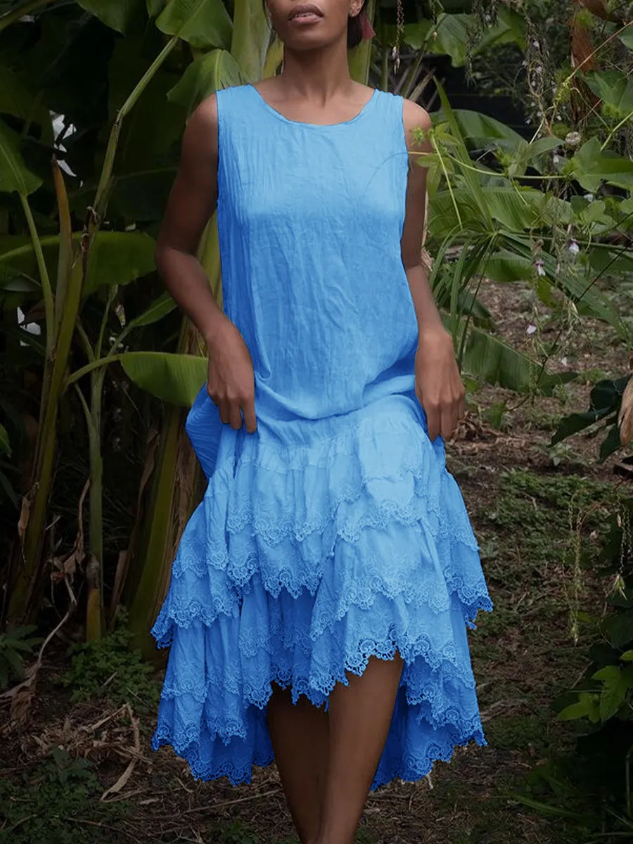 LACE DECORATION SLEEVELESS SOLID COLOR DRESS