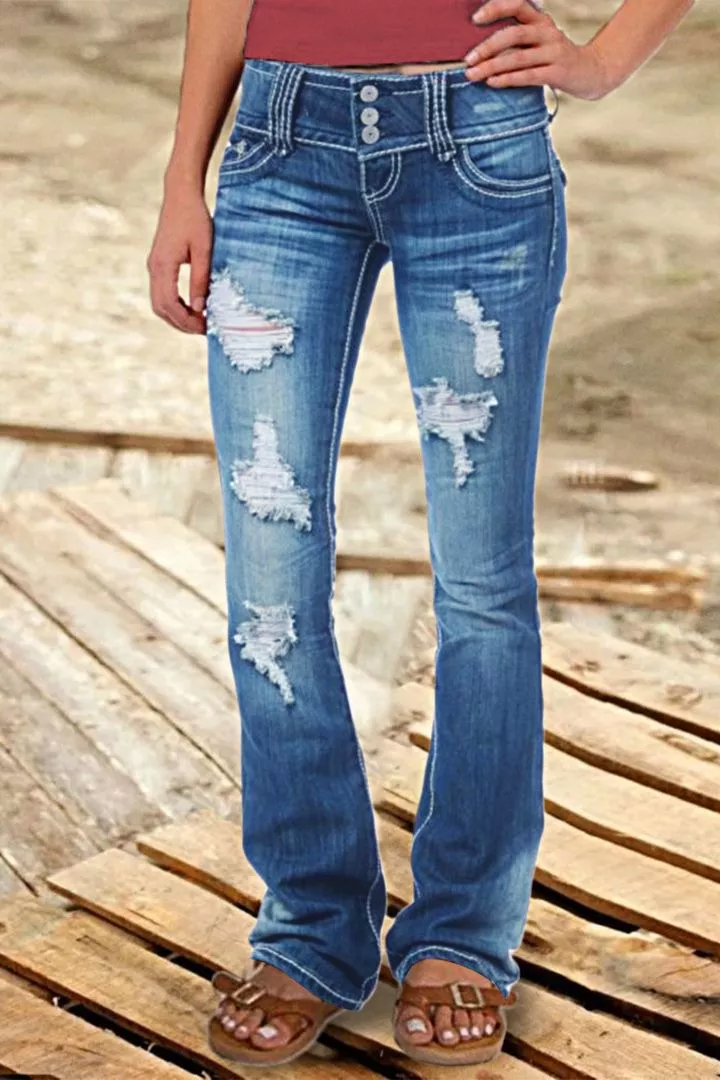 MIDIROS Vintage Low Waist Ripped Button Up Jeans-Umairmen