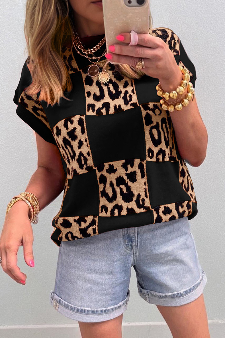 Women's Leopard Print Checkerboard Short-Sleeve Knit Top