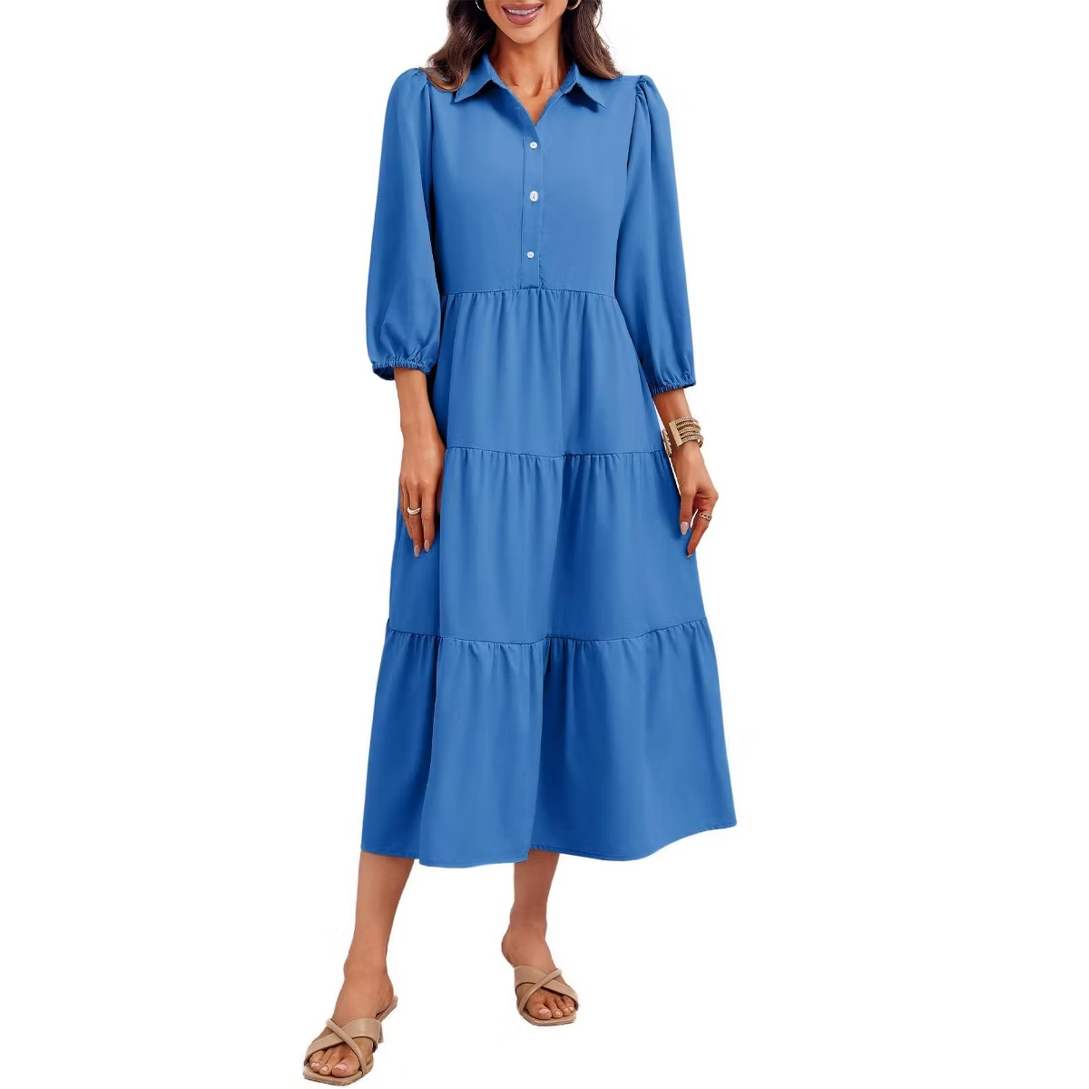 Women's Casual Flowy Collared 3/4 Sleeve Tiered Midi Shirt Dress