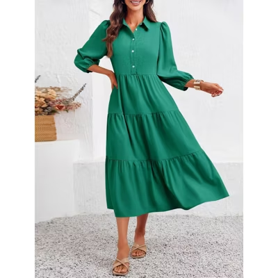 Women's Casual Flowy Collared 3/4 Sleeve Tiered Midi Shirt Dress