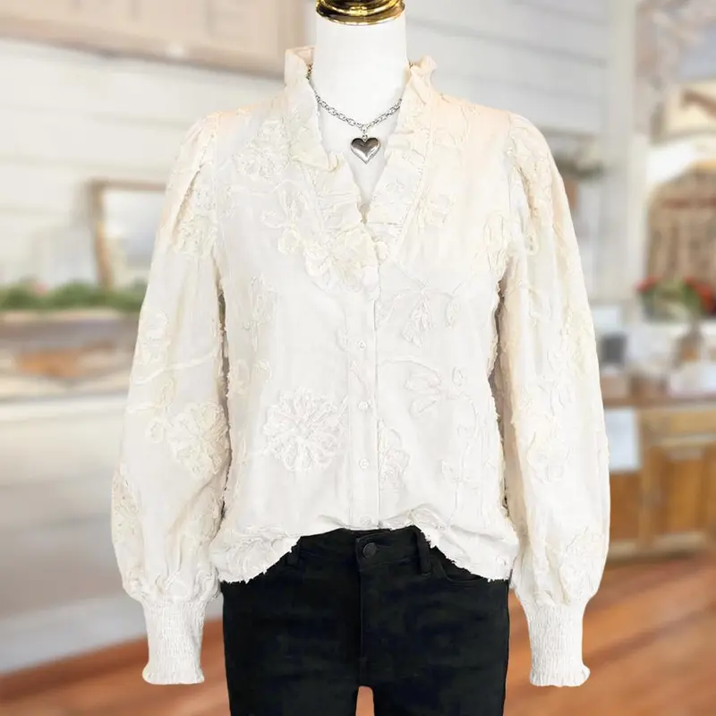 Women’s V-Neck Floral Embroidered Southern Lace Blouse