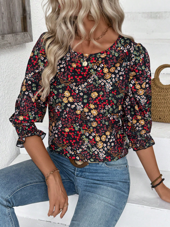 Women's Floral 3/4 Sleeve Round Neck Casual Blouse