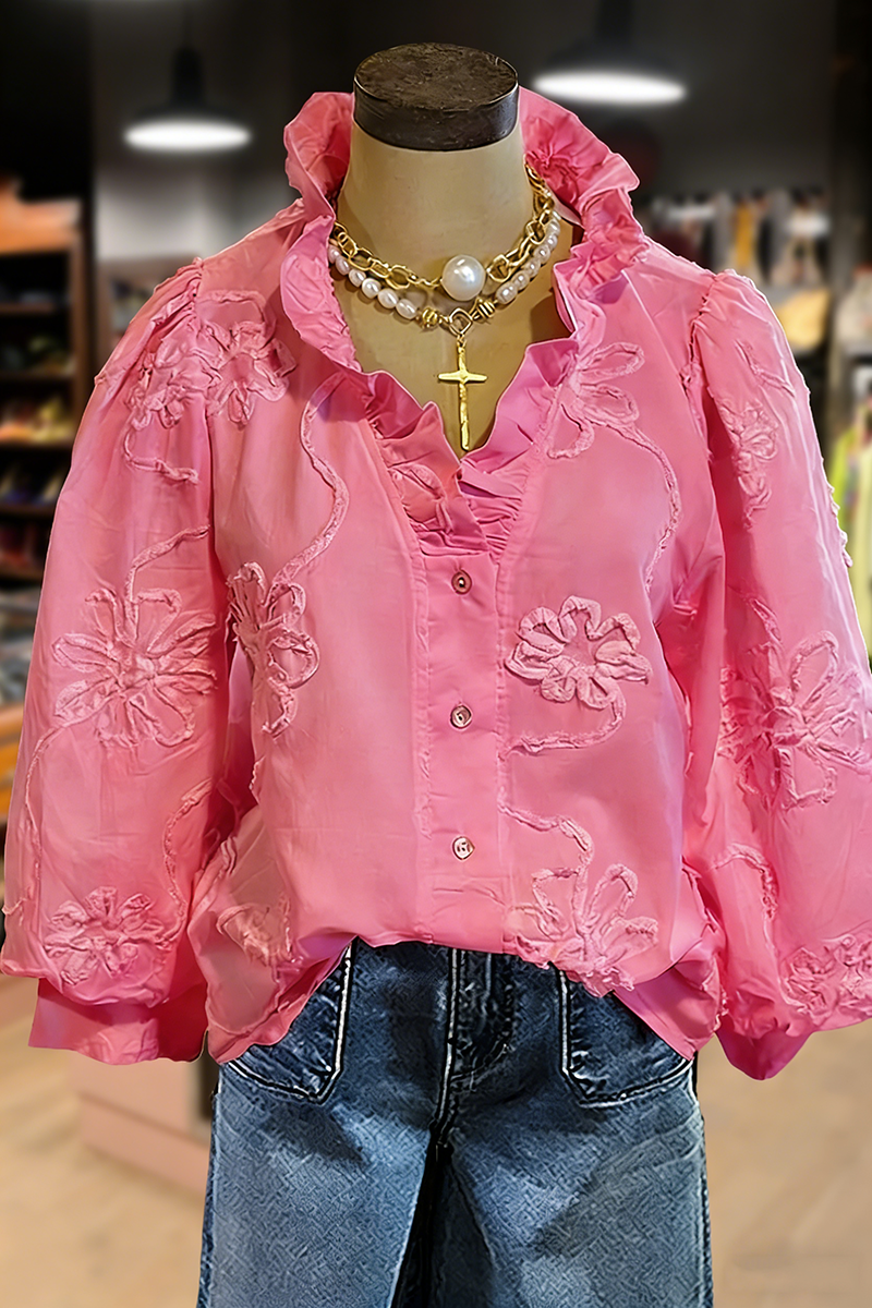 Embroidered Flower Ruffle Neck Puff Sleeve Top(BUY 2 FREE SHIPPING)