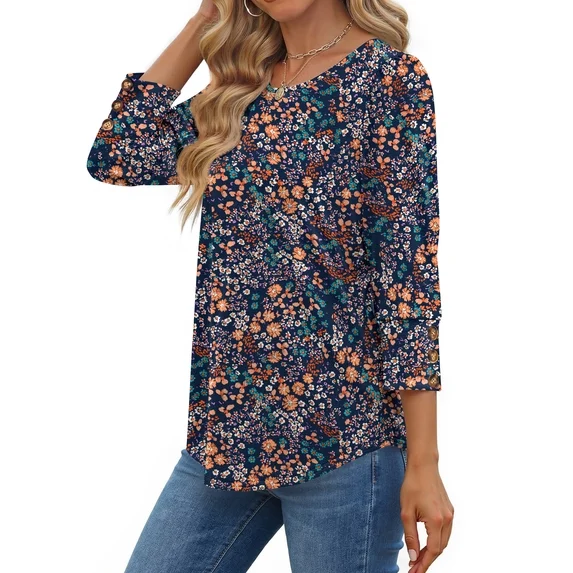 Step into effortless style with this floral 3/4 sleeve tunic top—a versatile essential for everyday wear. An easy‑to‑wear piece for casual outings and daily activities.
