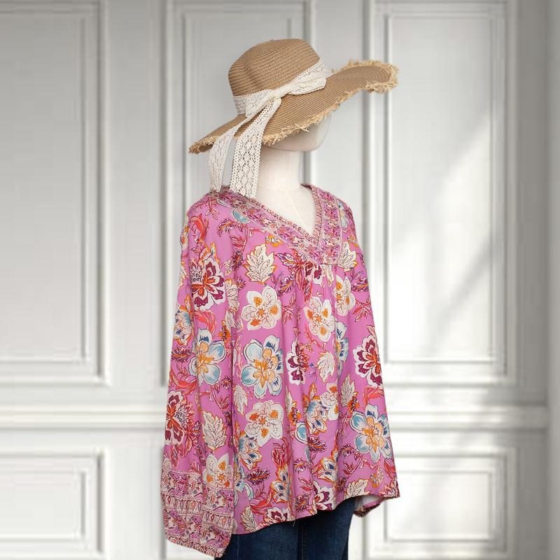 Women's floral print V-neck long puff-sleeved shirt（buy 2 free shipping）