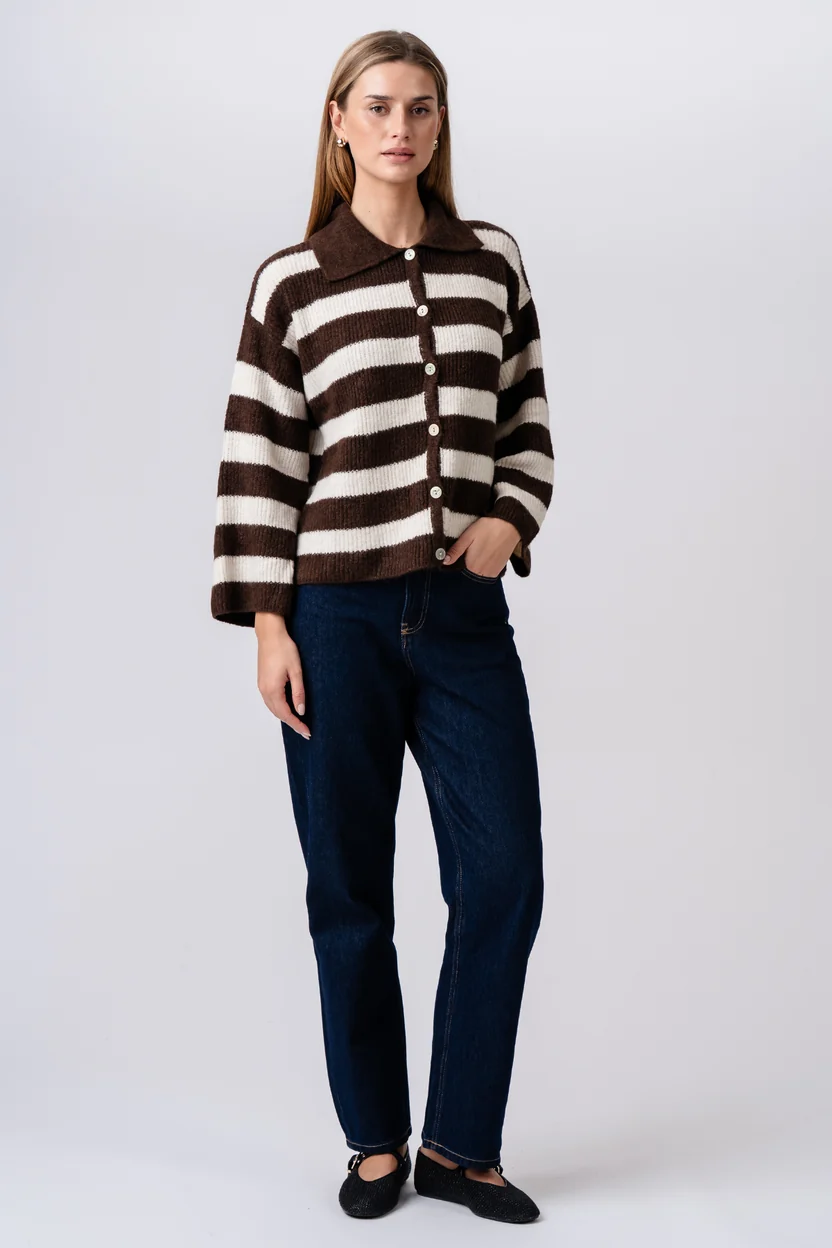 Casual Striped Long Sleeve Button Up Knit Sweater