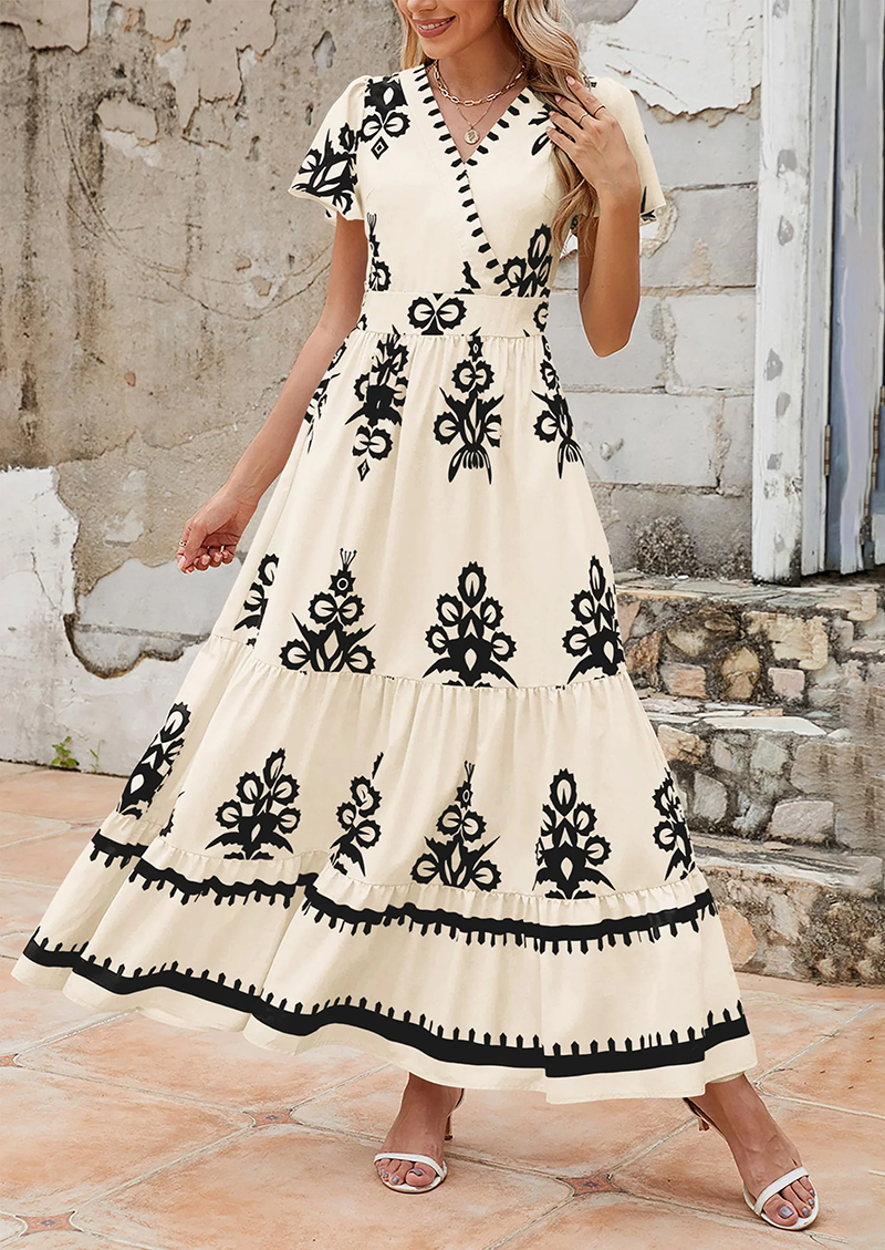 Womens Casual V Neck Boho Maxi Dress Flowy Aline Bell Sleeve Tiered Floral Dresses with Pocket(BUY 2 FREE SHIPPING)