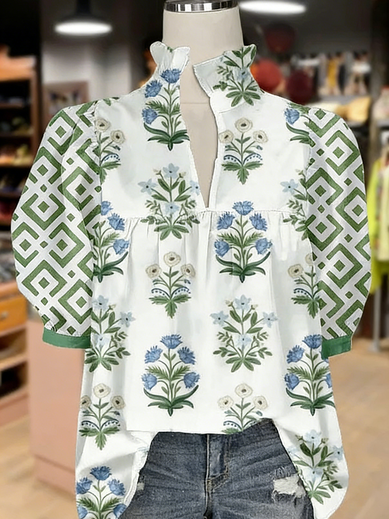 Floral Print V-Neck Geo Puff Sleeve Top