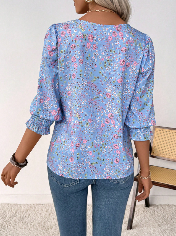 Women's Floral 3/4 Sleeve Round Neck Casual Blouse