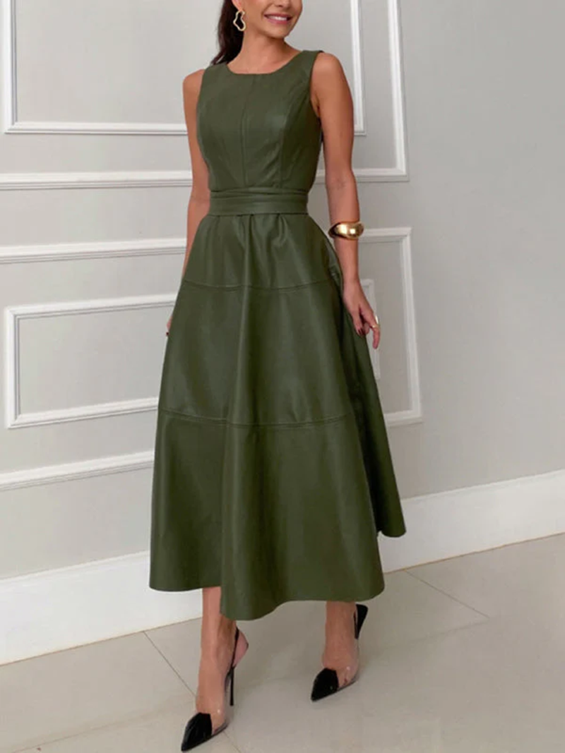 Sleeveless Fitted Leather Belted Solid Color Midi Dress(BUY 2 FREE SHIPPING)