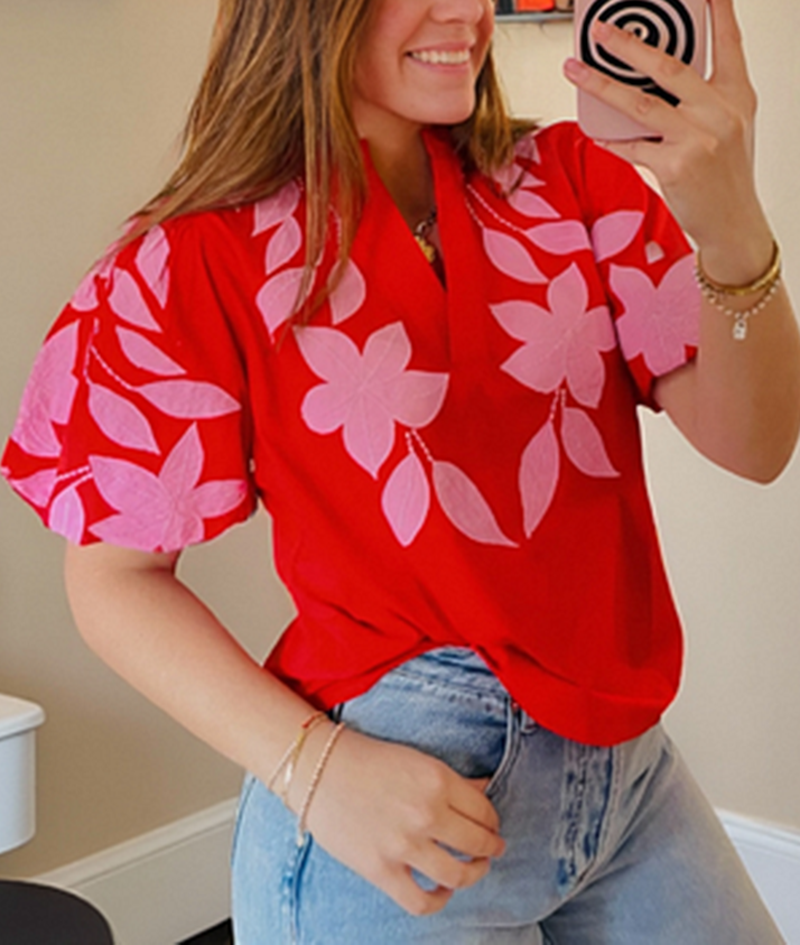 Women's V Neck Puff Sleeve Floral Embroidery  T-Shirt (Buy 2 Free Shipping)