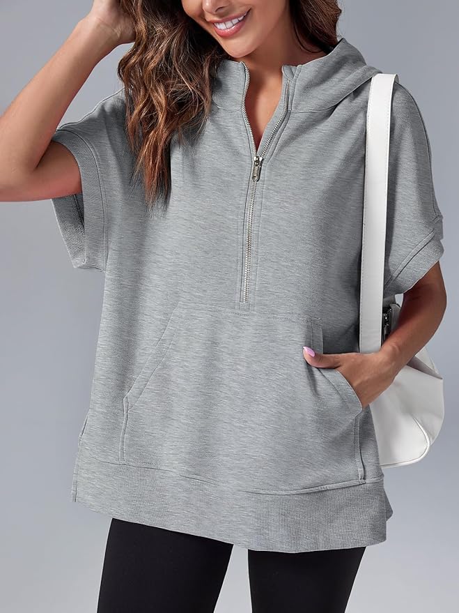 Women's Oversized Casual Half Zip Short Sleeve Pullover Tops with Pockets