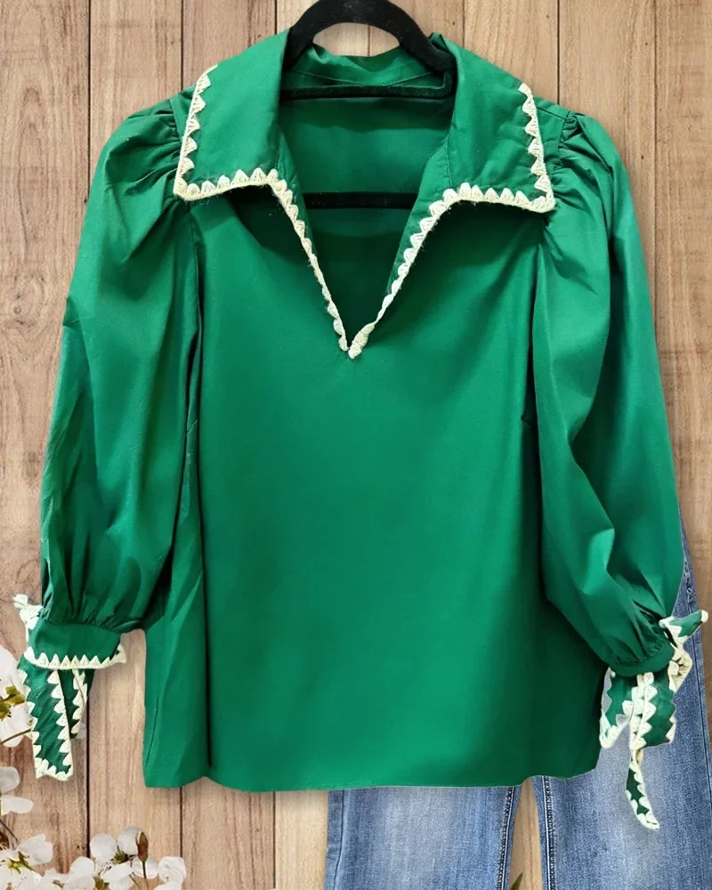 Shell Stitch Trim Hit Color Modern V Neck Blouse(BUY2 FREE SHIPPING)
